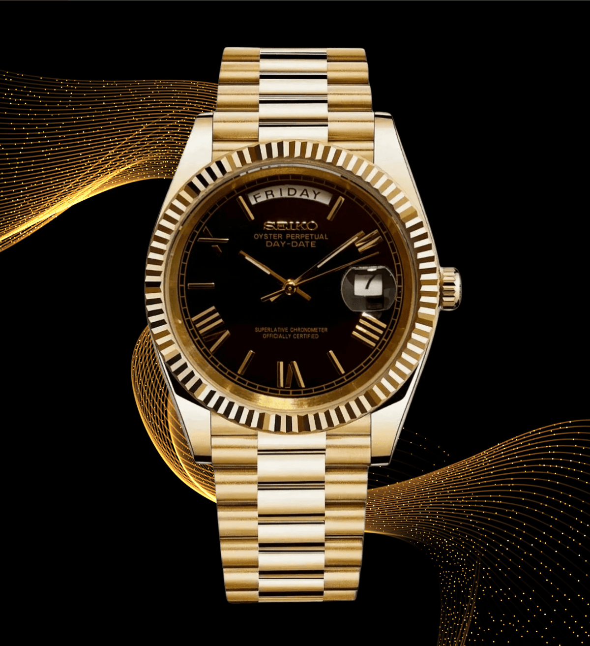 Seiko Mod Day-Date Gold Roman Black